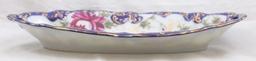Nippon-style relish tray, 12"l x 6"w, pink roses/gold stenciling/cobalt border