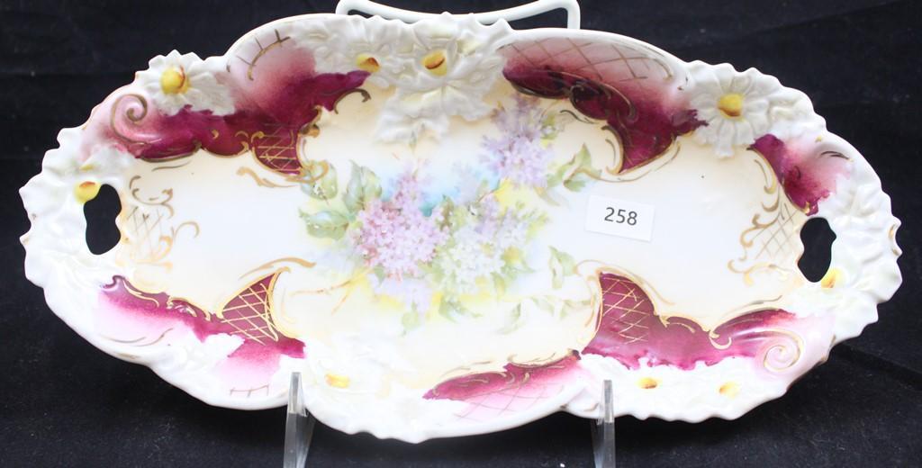 R.S. Prussia 11.5"l x 5.5"w relish tray, purple and white small floral bouquet, floral border mold