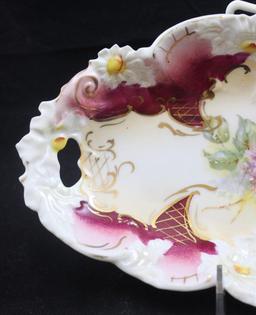 R.S. Prussia 11.5"l x 5.5"w relish tray, purple and white small floral bouquet, floral border mold