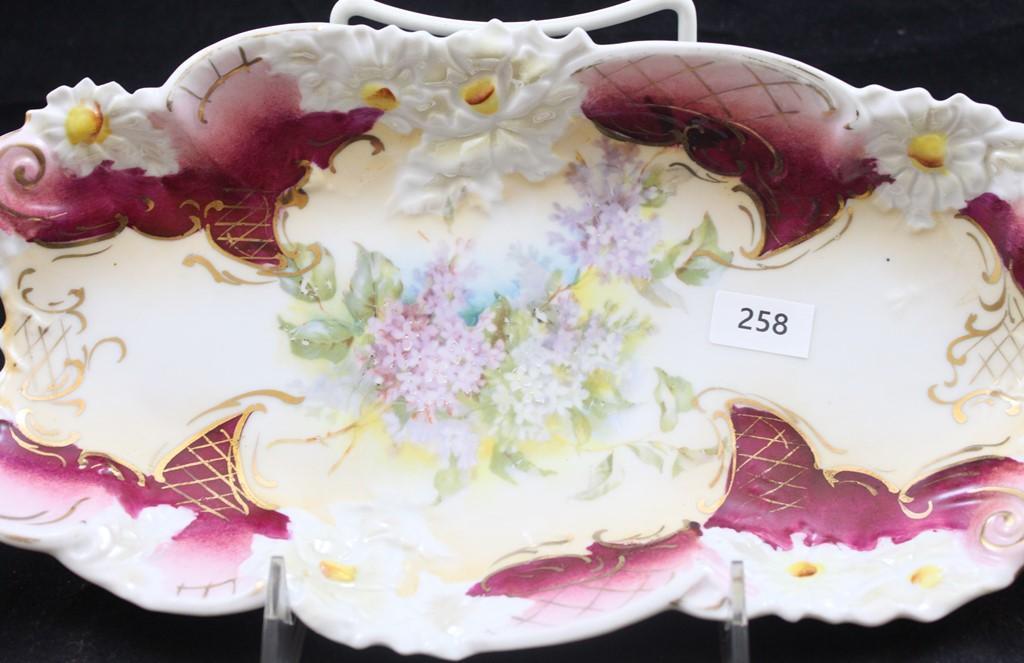 R.S. Prussia 11.5"l x 5.5"w relish tray, purple and white small floral bouquet, floral border mold