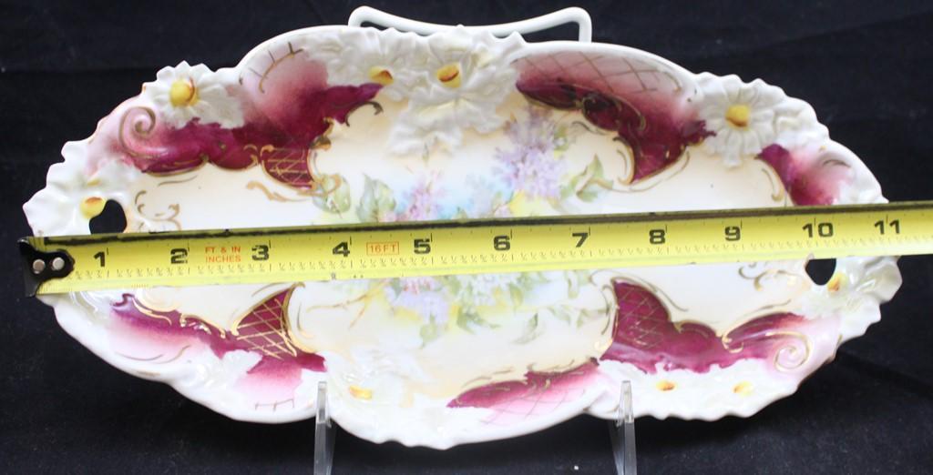 R.S. Prussia 11.5"l x 5.5"w relish tray, purple and white small floral bouquet, floral border mold