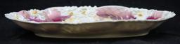 R.S. Prussia 11.5"l x 5.5"w relish tray, purple and white small floral bouquet, floral border mold