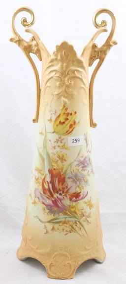 Mrkd. Austria 15" tall dbl. handled vase, beige and cream background with mixed florals