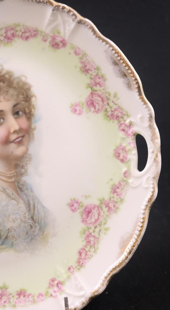 (2) Mrkd. Three Crown China/Germany 9.5"d portrait cake plates, pink roses frame women