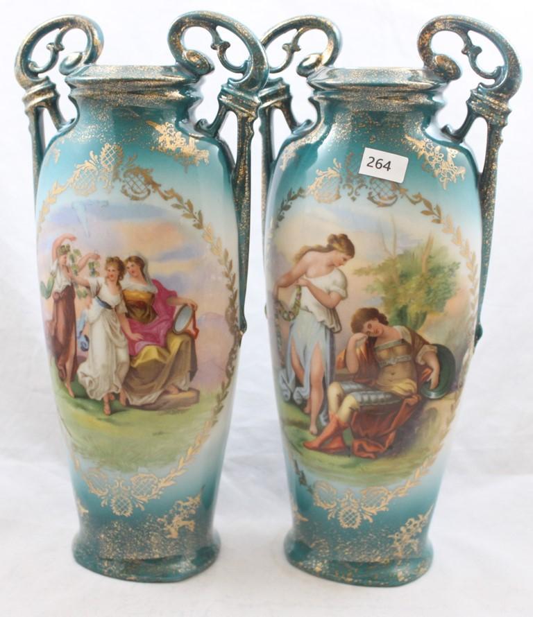 Pr. mrkd. Victoria Austria 11.5"h vases, Classical scenes by Kaufmann featured on both, blue shading