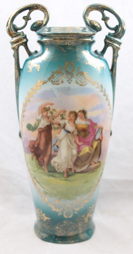 Pr. mrkd. Victoria Austria 11.5"h vases, Classical scenes by Kaufmann featured on both, blue shading