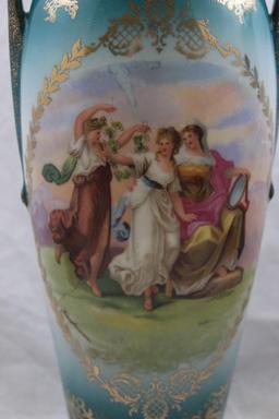 Pr. mrkd. Victoria Austria 11.5"h vases, Classical scenes by Kaufmann featured on both, blue shading