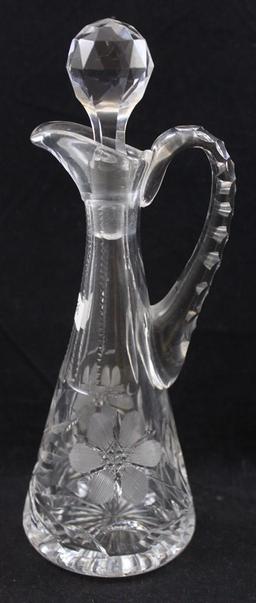 American Brilliant Cut Glass 9"h cruet w/stopper, Intaglio flower featured on lid with remainder of