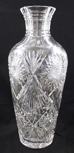 American Brilliant Cut Glass 14" tall vase decorated with Hobstars and Fans