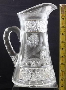 American Brilliant Cut Glass 10.25"h pitcher, Intaglio flowers and fern leaves paired with Hobstars