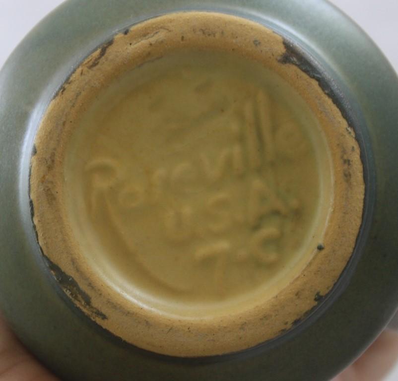 Roseville Zephyr Lily tea set, green: 7-T tea pot (spout chip), 7-C creamer, 7-S sugar