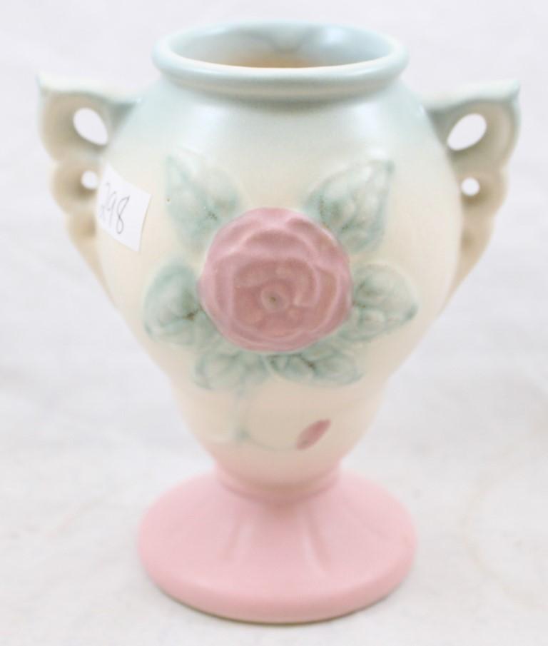 (2) Hull pottery pieces: 1-Orchid 308 4.75"h vase, pink/blue; 1-Open Rose/Camellia 131 4.75"h vase,