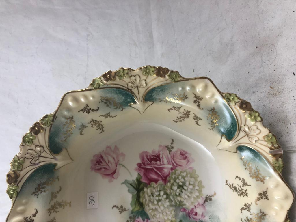 R.S. Prussia Mold 82 bowl, 10.5"d, Snowballs and pink roses, nice gold accents and stenciling, red