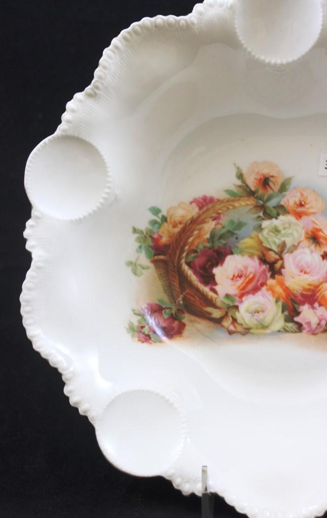 R.S. Prussia Medallion Mold 14 bowl, 11"d, Sitting Basket of Flowers on white, partial red mark