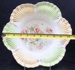 R.S. Prussia 10.5"d bowl with pleated mold, mixed flowers with alternating green and tan border