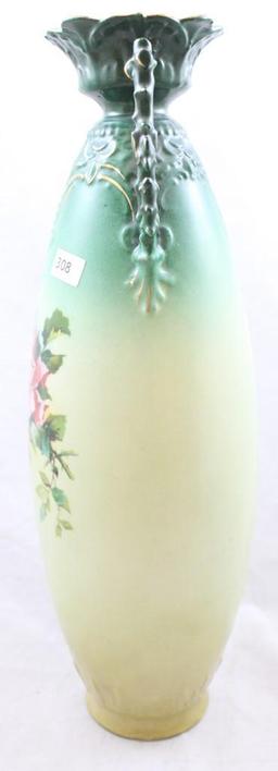 Mrkd. Austria 14.5"h dbl. handled vase, pink roses on shaded green tones