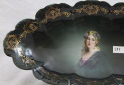 Mrkd. R.C. Bavaria 12"l x 6.5"w dark green celery tray with lady portrait, gold stenciled design on