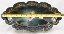 Mrkd. R.C. Bavaria 12"l x 6.5"w dark green celery tray with lady portrait, gold stenciled design on