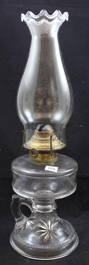 (2) Clear thumb-hold kerosene lamps (1 with imperfect base)