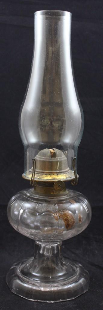 (2) Clear thumb-hold kerosene lamps (1 with imperfect base)