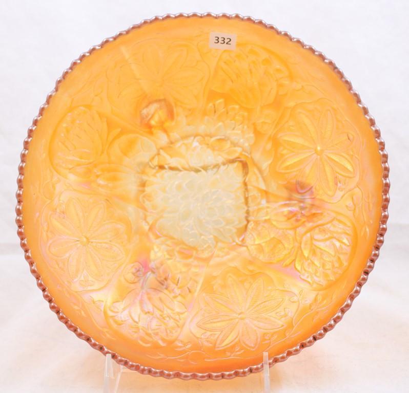 Carnival Glass Fenton Water Lily 9"d x 3"h footed bowl, marigold