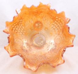 Carnival Glass Persian Medallion/Grape 10"d x 5"h footed fruit bowl, marigold