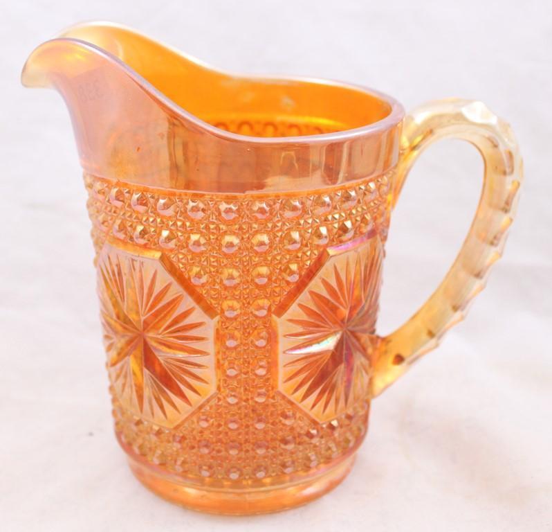 Carnival Glass Imperial Star Medallion 6"h milk pitcher, marigold