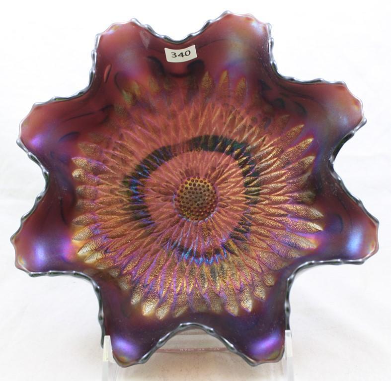 Carnival Glass Northwood Sunflower/Meander ftd. bowl, 3.5"h x 8.5"d, purple