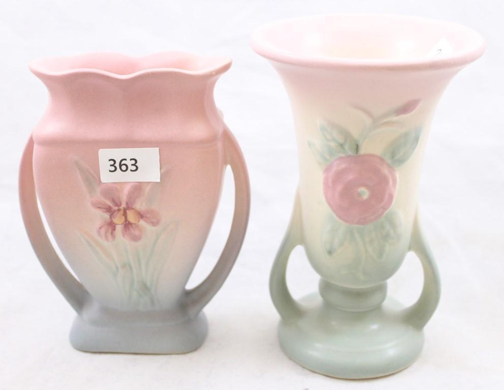 (2) Hull Pottery piece: 1-Iris/Narcissus 405-4.75" vase, pink/blue, paper label; 1-Open