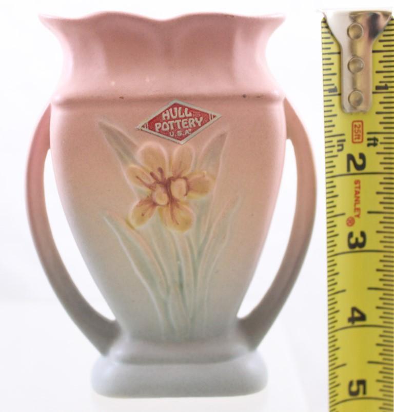 (2) Hull Pottery piece: 1-Iris/Narcissus 405-4.75" vase, pink/blue, paper label; 1-Open