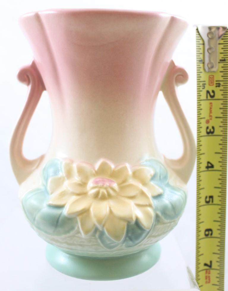 (2) Hull Water Lily pieces: L-5-6.5" vase, tan/brown; L-4-6.5" vase, pink/turquoise