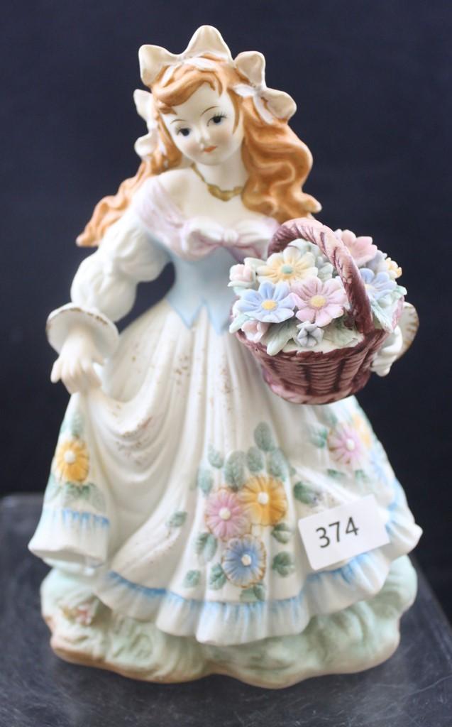 (3) Mrkd. Lefton China figurines, girls with baskets of flowers: KW/33C; KW/125C; KW/125A