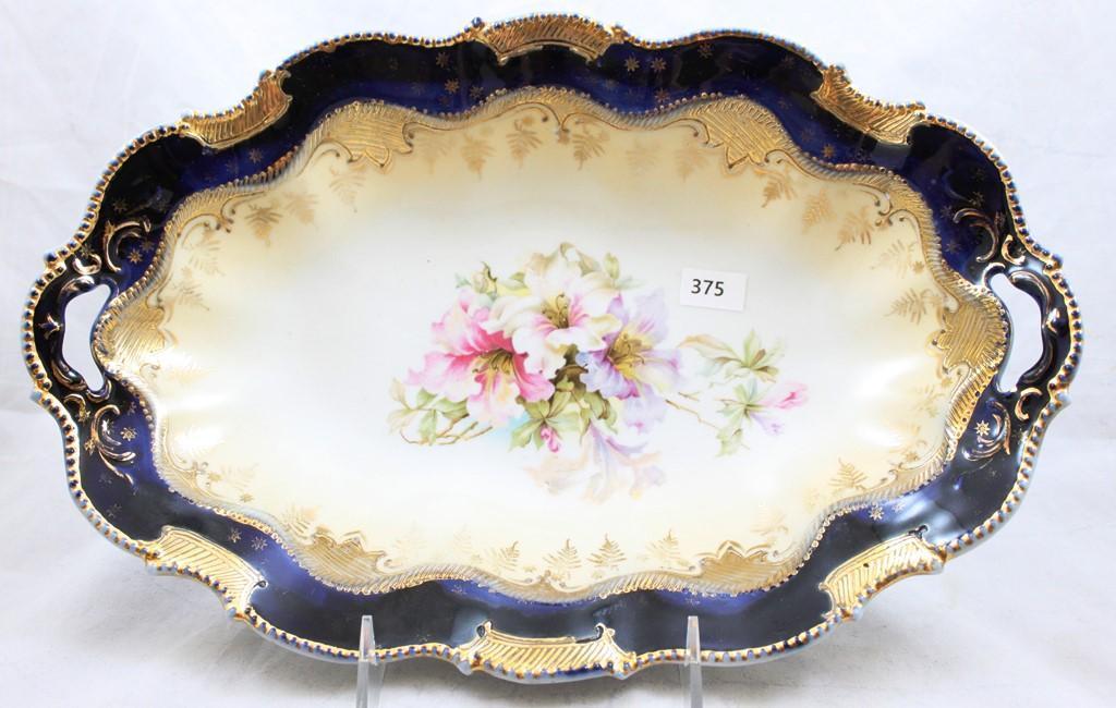 R.S. Prussia bun tray, 12.5"l x 8"w, multi-colored bouquet with cobalt border and heavy gold