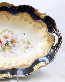 R.S. Prussia bun tray, 12.5"l x 8"w, multi-colored bouquet with cobalt border and heavy gold