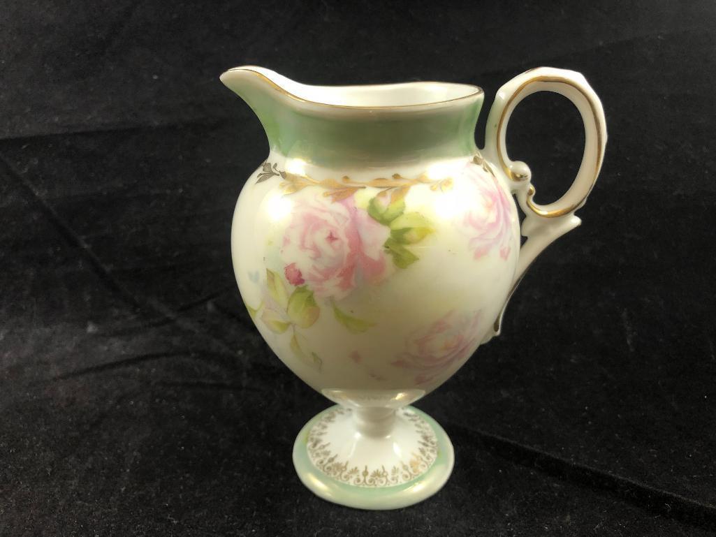 R.S. Prussia creamer and sugar w/lid, pink and white open blossoms on white pearlized luster finish