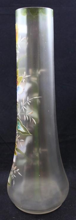 Art Glass 13.5"h frosted vase decorated with enameled colorful flowers and leaves