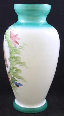 Bristol Glass 13"h vase decorated with 2 little girls and puppies surrounded by flowers