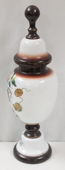 Bristol Glass 22" tall vase/urn with lid, large floral designs on white with brown shading