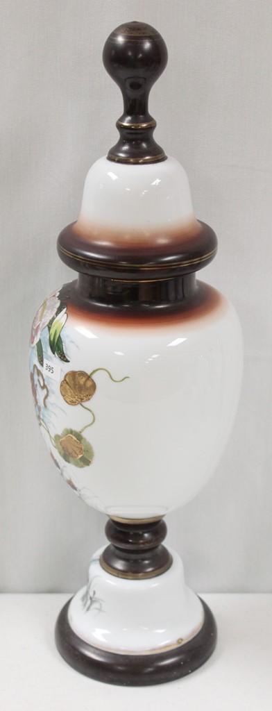 Bristol Glass 22" tall vase/urn with lid, large floral designs on white with brown shading