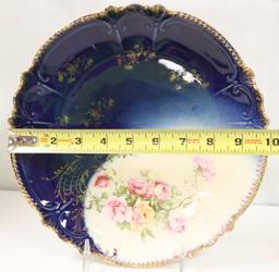 (3) Handpainted plates, all floral - 1 is cobalt, marks incl. Germany and Silesia