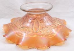 Carnival Glass Dugan Double Stem Rose 9" bowl with dome base, marigold