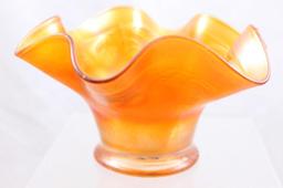 (3) Carnival Glass hat shapes, all marigold: 2-Fenton Basketweave with open edge; 1-Fenton
