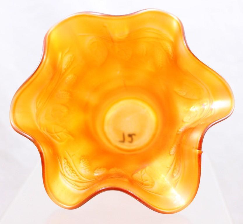 (3) Carnival Glass hat shapes, all marigold: 2-Fenton Basketweave with open edge; 1-Fenton