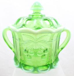 Green opalescent glass Cherry and Cable cookie jar with lid