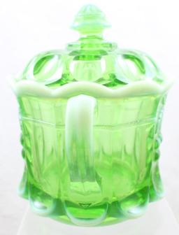 Green opalescent glass Cherry and Cable cookie jar with lid