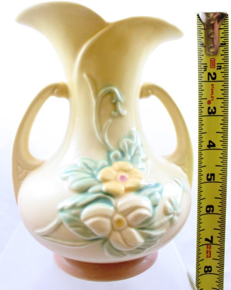 (2) Hull Wildflower pcs.: W-5-6.5" vase, blue/pink; W-8-7.5" vase, yellow