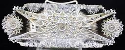 American Brilliant Cut Glass relish dish with 2 sides turned up, Hobstars and Fans, 11.25"l