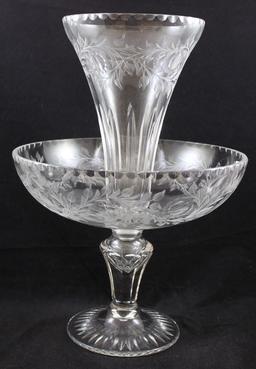 Victorian Etched Glass epergne, 14" tall, flowers and leaves design