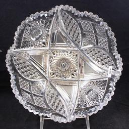 Signed Straus American Brilliant Cut Glass bowl, 9.25"d x 4"h, Hobstars/Cane/Strawberry diamond