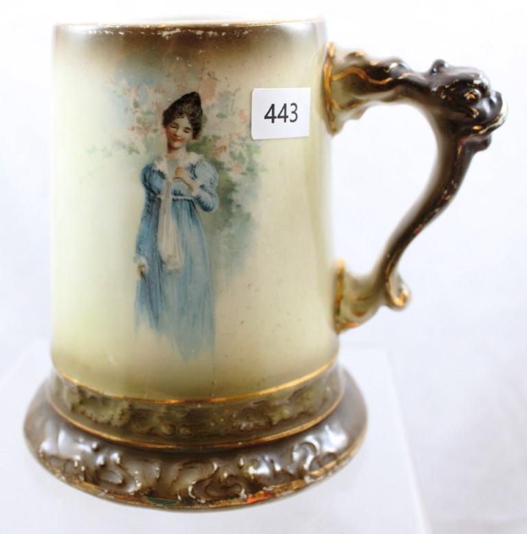 (2) Mrkd. Owen Minerva 5"h mugs with Griffin handles, each mug features portrait of lady